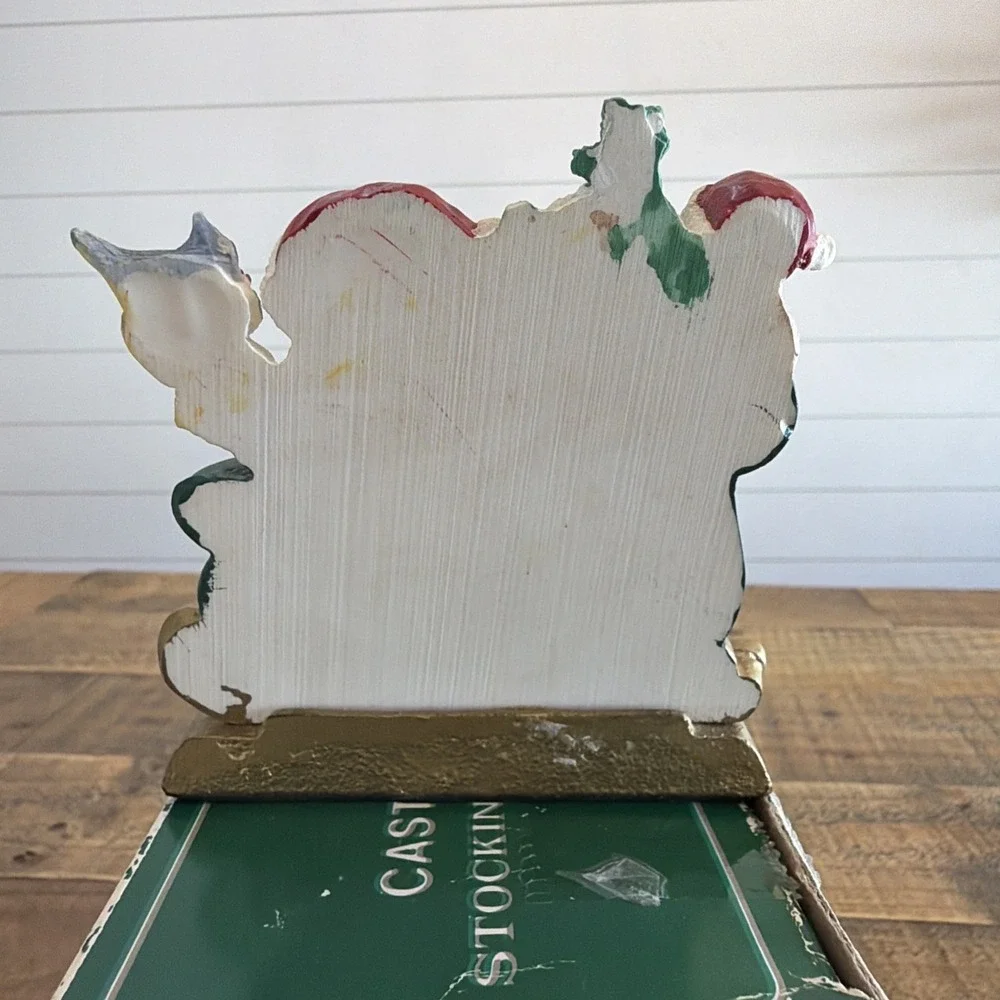 Cast Iron Base Santa On Sleigh With Birds Christmas Stocking Holder Vintage